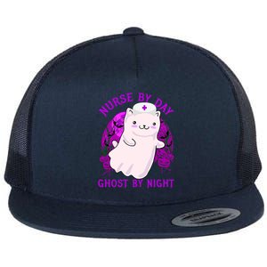 Nurse By Day Ghost By Night Kitty Cat Ghost Nurse Halloween Gift Flat Bill Trucker Hat