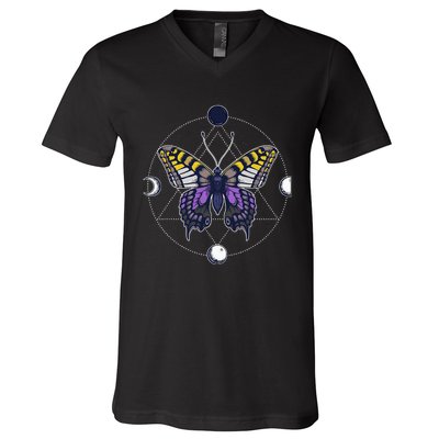 N.O.N.B..I.N.A.R.Y Butterfly Enby Pride Flag Lgbt Subtle V-Neck T-Shirt