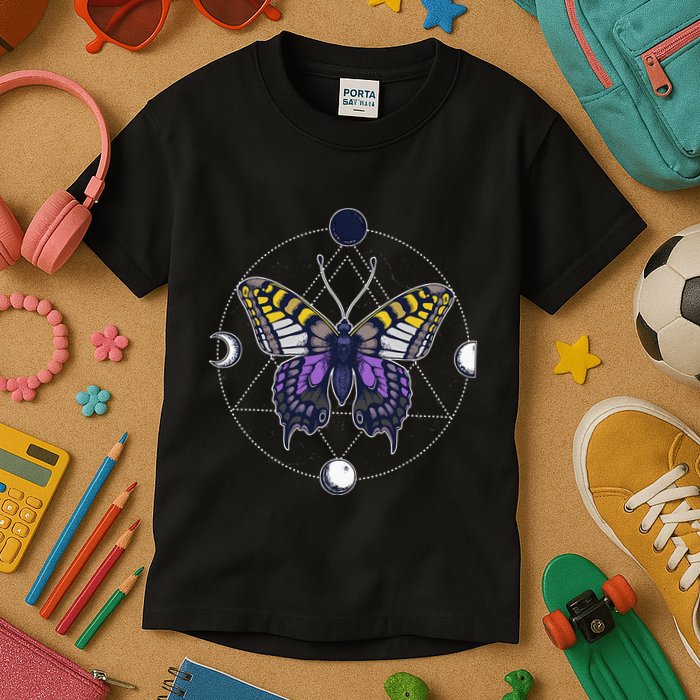 N.O.N.B..I.N.A.R.Y Butterfly Enby Pride Flag Lgbt Subtle Kids T-Shirt