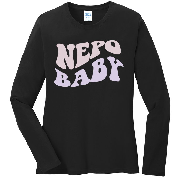 NEPO BABY Funny Nepotism Wavy Vintage Trending Meme Ladies Long Sleeve Shirt