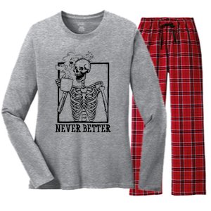 Never Better Funny Skeleton Coffee Women's Long Sleeve Flannel Pajama Set 