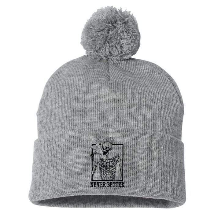 Never Better Funny Skeleton Coffee Pom Pom 12in Knit Beanie