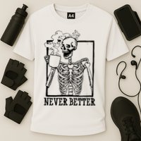 Never Better Funny Skeleton Coffee Cooling Performance Crew T-Shirt