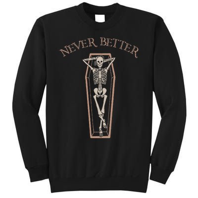 Never Better Funny Skeleton Costume Lazy Halloween Coffin Sweatshirt