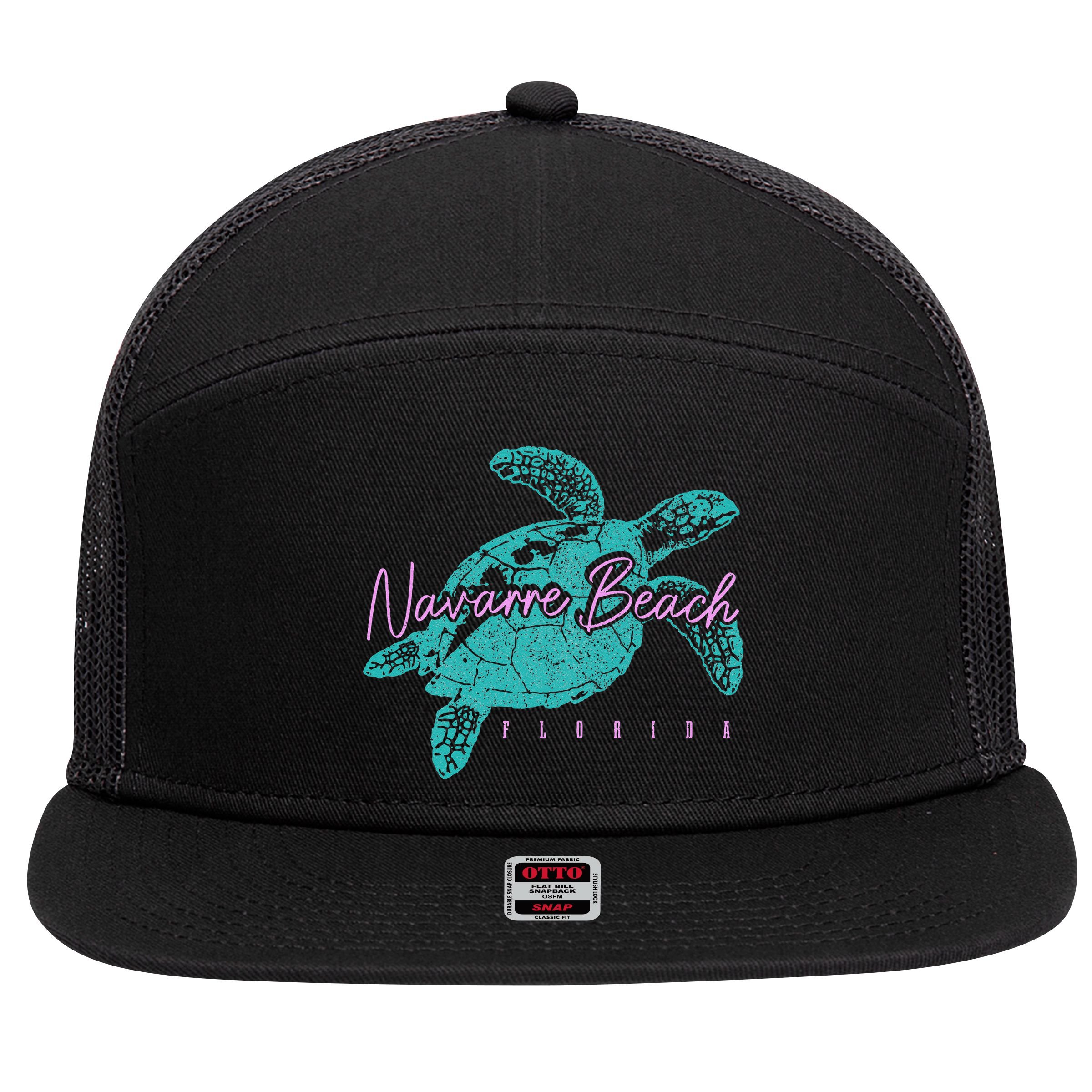 Navarre Beach Florida FL Sea Turtle Surfer Diving Vintage 7 Panel Mesh Trucker Snapback Hat