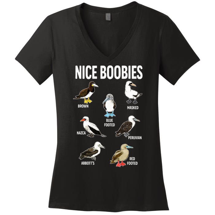 Nice Boobies Pun Adult Joke Funny Bird Lover Birdwatcher Women's V-Neck T-Shirt