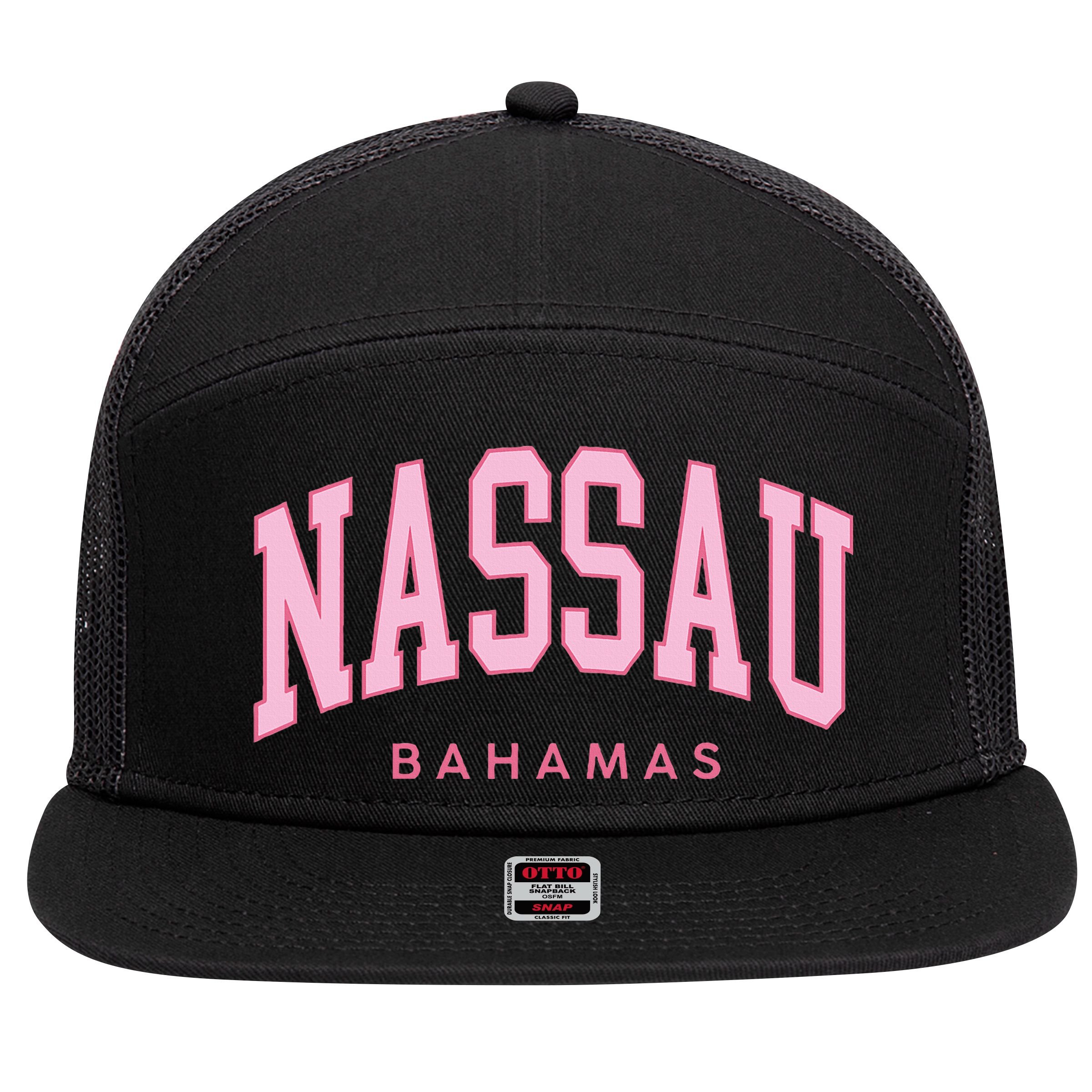 Nassau Bahamas Preppy Retro Pink Souvenir 7 Panel Mesh Trucker Snapback Hat