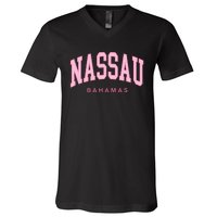 Nassau Bahamas Preppy Retro Pink Souvenir V-Neck T-Shirt