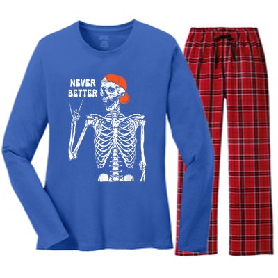 Never Better Rocker Skeleton Hand Rock On Halloween Costume Cute Gift Women's Long Sleeve Flannel Pajama Set 