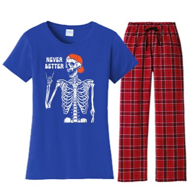 Never Better Rocker Skeleton Hand Rock On Halloween Costume Cute Gift Women's Flannel Pajama Set