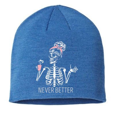 Never Better Skeleton Drinking Coffee Halloween Costume Sustainable Beanie