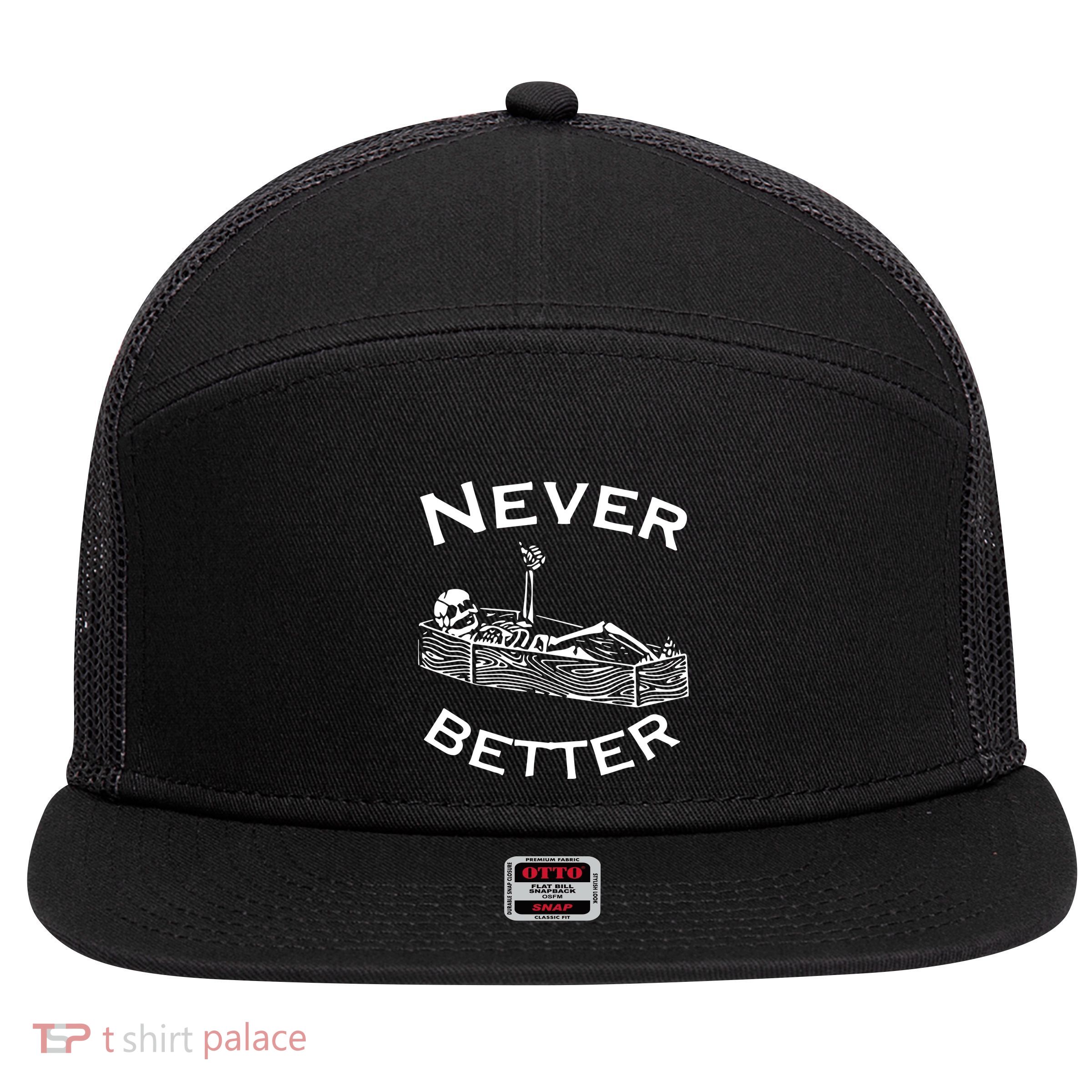 Never Better Skeleton Lazy Halloween 7 Panel Mesh Trucker Snapback Hat