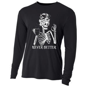 Never Better Skeleton Drinking Coffee Peace Halloween Cooling Performance Long Sleeve Crew