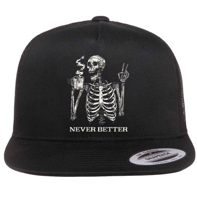 Never Better Skeleton Drinking Coffee Gothic Halloween Flatbill Hat