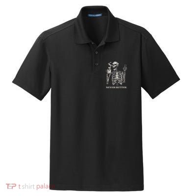 Never Better Skeleton Drinking Coffee Gothic Halloween Dry Zone Grid Polo