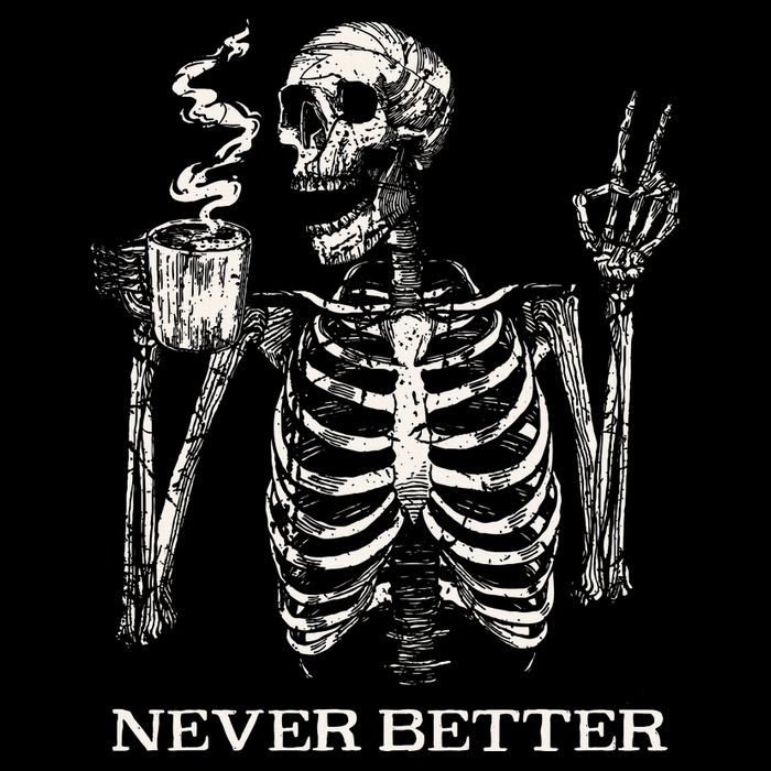 Never Better Skeleton Drinking Coffee Gothic Halloween 16 in Basic Backpack