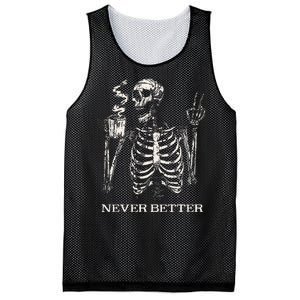 Never Better Skeleton Drinking Coffee Gothic Halloween Mesh Reversible Basketball Jersey Tank