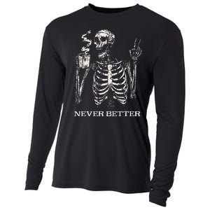 Never Better Skeleton Drinking Coffee Gothic Halloween Cooling Performance Long Sleeve Crew