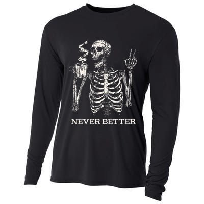 Never Better Skeleton Drinking Coffee Gothic Halloween Cooling Performance Long Sleeve Crew