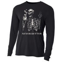 Never Better Skeleton Drinking Coffee Gothic Halloween Cooling Performance Long Sleeve Crew