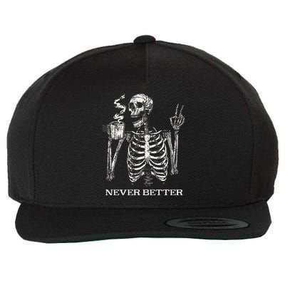 Never Better Skeleton Drinking Coffee Gothic Halloween Wool Snapback Cap