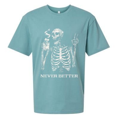 Never Better Skeleton Drinking Coffee Gothic Halloween Sueded Cloud Jersey T-Shirt