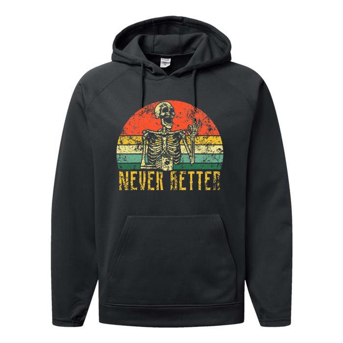 Never Better Skeleton Drinking Coffee Halloween Performance Fleece Hoodie