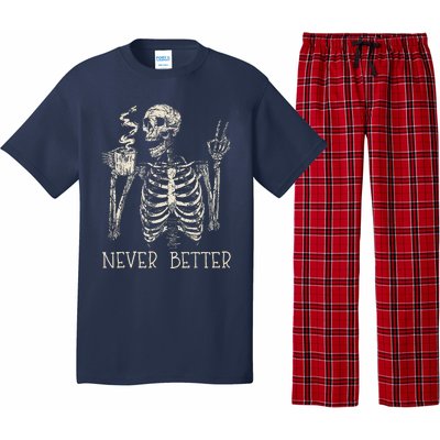 Never Better Skeleton Drinking Coffee Halloween Party Pajama Set