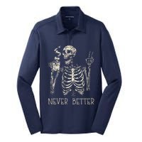 Never Better Skeleton Drinking Coffee Halloween Party Silk Touch Performance Long Sleeve Polo