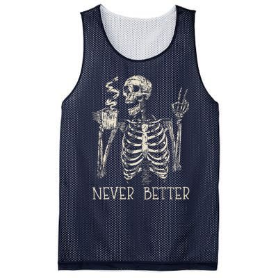 Never Better Skeleton Drinking Coffee Halloween Party Mesh Reversible Basketball Jersey Tank