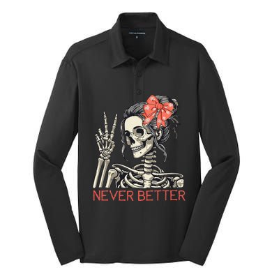 Never Better Skeleton Halloween Skull Mom Silk Touch Performance Long Sleeve Polo