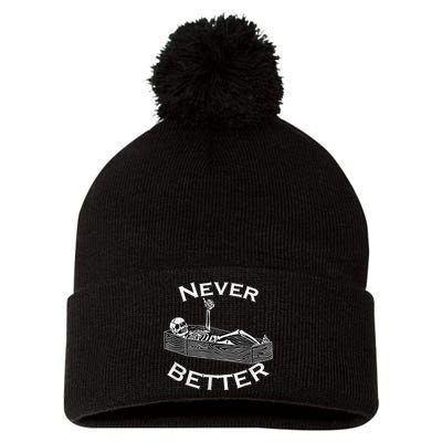 Never Better Skull Skeleton Is In The Coffin Halloween Pom Pom 12in Knit Beanie