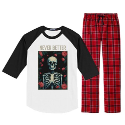 Never Better Skeleton Floral Funny Halloween Raglan Sleeve Pajama Set