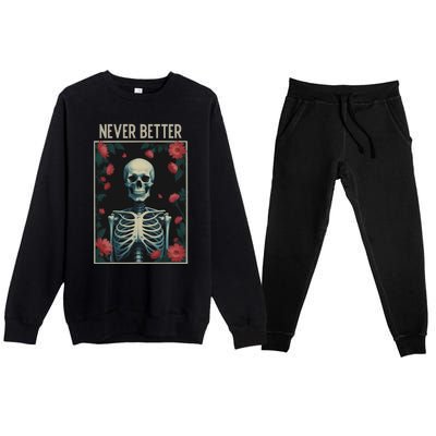 Never Better Skeleton Floral Funny Halloween Premium Crewneck Sweatsuit Set