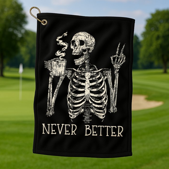 Never Better Skeleton Drinking Coffee Halloween Party Golf Towel