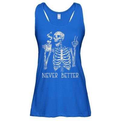 Never Better Skeleton Drinking Coffee Halloween Party Ladies Essential Flowy Tank