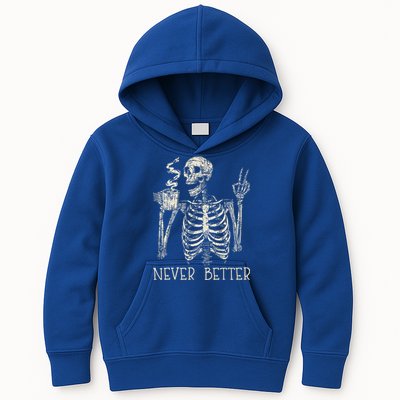 Never Better Skeleton Drinking Coffee Halloween Party Kids Hoodie