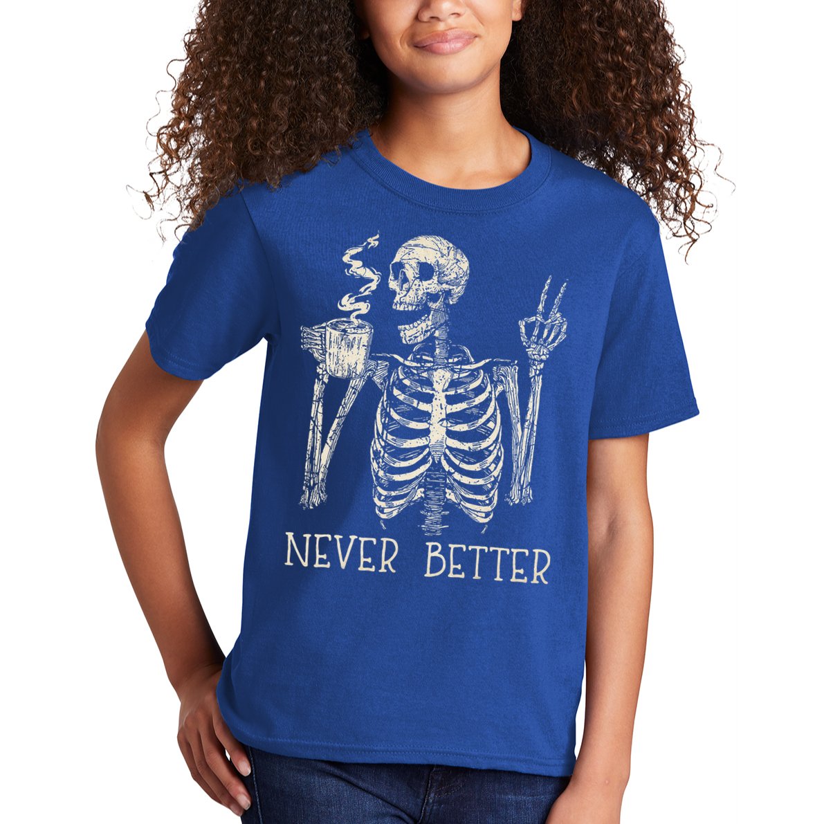 Never Better Skeleton Drinking Coffee Halloween Party Kids T-Shirt