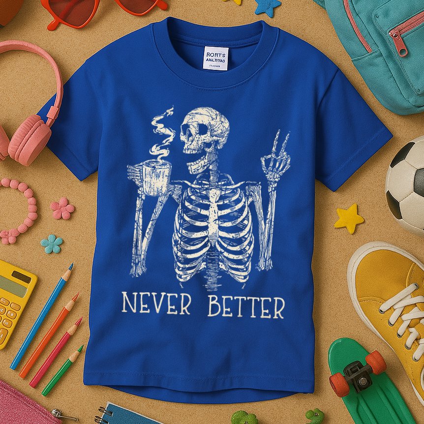 Never Better Skeleton Drinking Coffee Halloween Party Kids T-Shirt