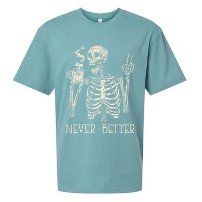 Never Better Skeleton Drinking Coffee Halloween Party Sueded Cloud Jersey T-Shirt