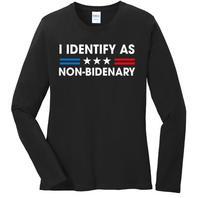 Non Bidenary Shirt I Identify As Non Bidenary Anti Biden American US Flag Ladies Long Sleeve Shirt