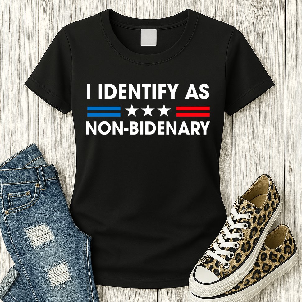 Non Bidenary Shirt I Identify As Non Bidenary Anti Biden American US Flag Womens T-Shirt