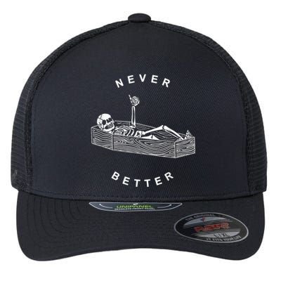 Never Better Skull Skeleton In The Coffin Halloween Flexfit Unipanel Trucker Cap