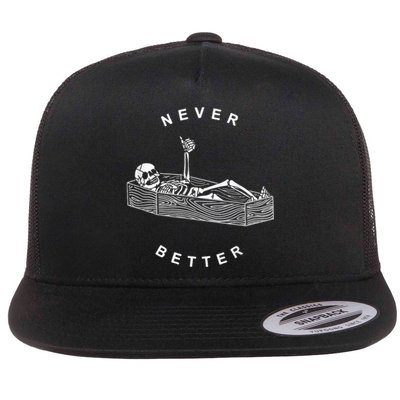 Never Better Skull Skeleton In The Coffin Halloween Flat Bill Trucker Hat