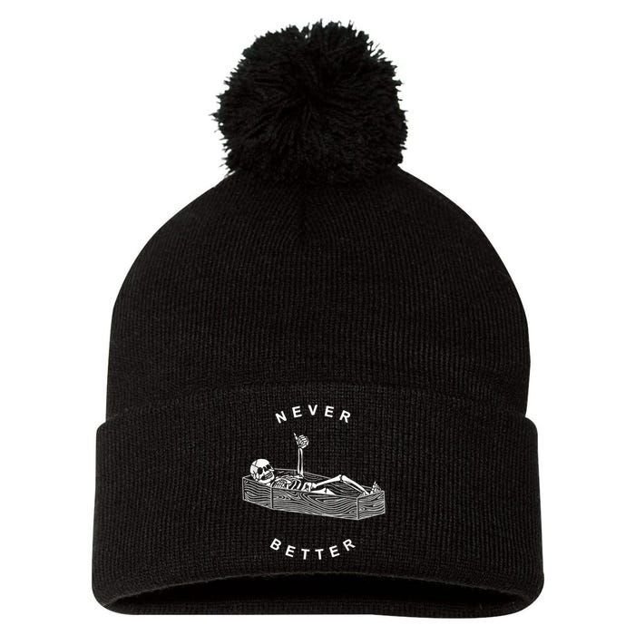 Never Better Skull Skeleton In The Coffin Halloween Pom Pom 12in Knit Beanie