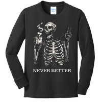 Never Better Skeleton Drinking Coffee Gothic Halloween Kids Long Sleeve Shirt