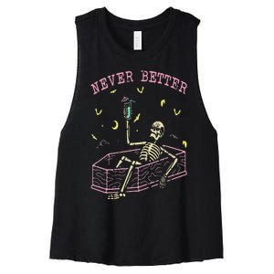 Never Better Skeletons Relaxing In Coffin Night Women's Racerback Cropped Tank