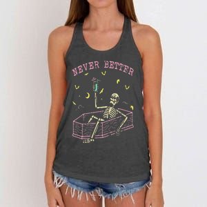 Never Better Skeletons Relaxing In Coffin Night Women's Knotted Racerback Tank