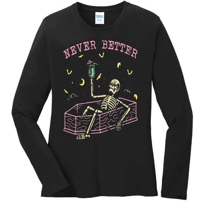 Never Better Skeletons Relaxing In Coffin Night Ladies Long Sleeve Shirt