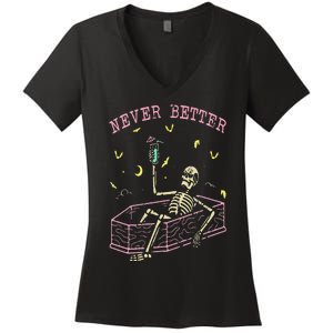 Never Better Skeletons Relaxing In Coffin Night Women's V-Neck T-Shirt